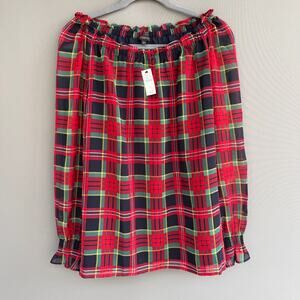 NWT Talbots red tartan plaid sheer off the shoulder blouse - Christmas - size L